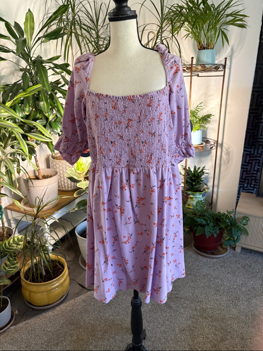 New Look Lavender Floral Smocked Square-Neck Mini Dress